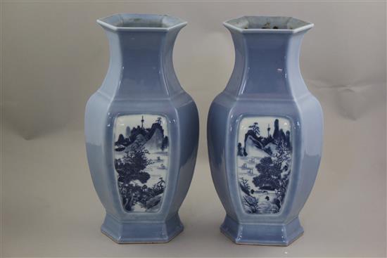 A pair of Chinese blue ground hexagonal baluster vases, Republic period, 30.5cm, bases drilled